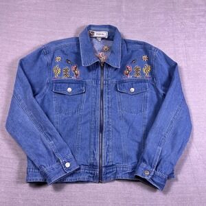Passion-I Cactus Desert Embroidered Denim Zip Up Jacket Womens Medium Blue